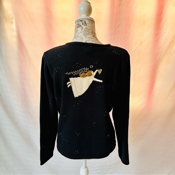 Vintage Carroll Reed Black Cardigan Angels Holiday Size Medium Cotton - Picture 9 of 10